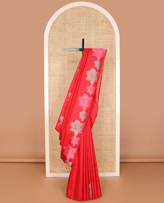 Borderless Red kancheepuram silk saree with floral design & floral design pallu