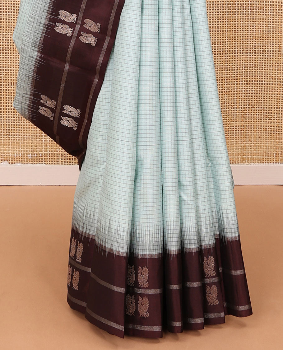 Blue checked silk saree, contrast border of mayil motifs & scallop design pallu