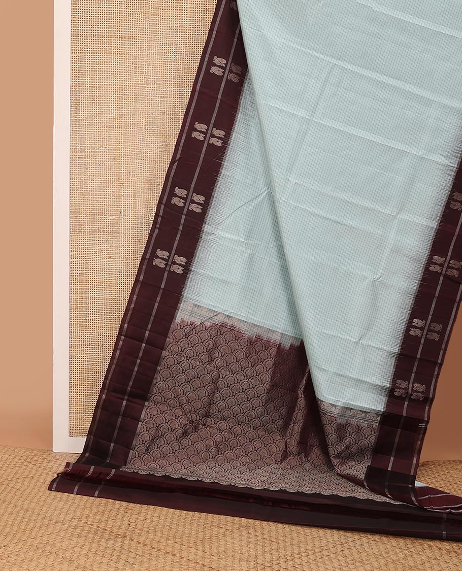 Blue checked silk saree, contrast border of mayil motifs & scallop design pallu