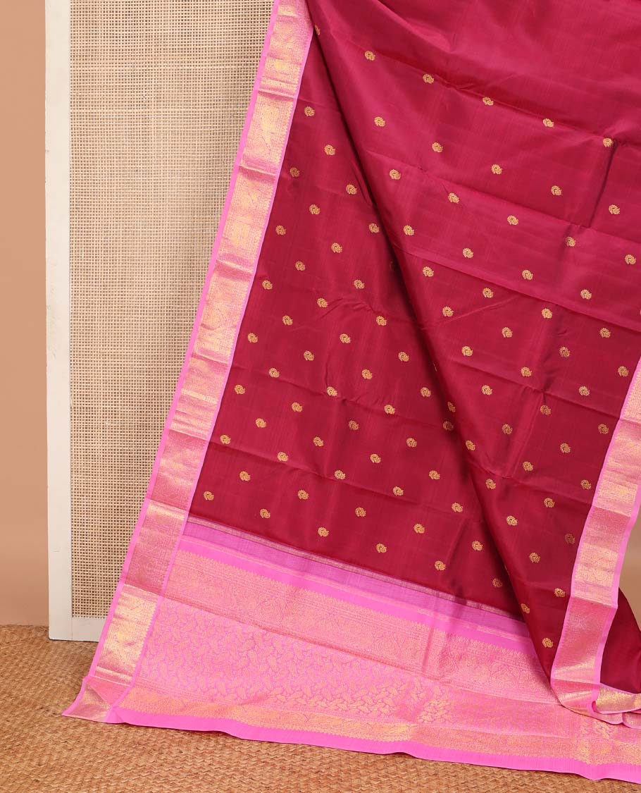 Red zari buttas Kanchipuram korvai silk saree, contrast neer korvai border of thilakam mokku, muthu, rettai neli, and mayil designs, and zari design pallu