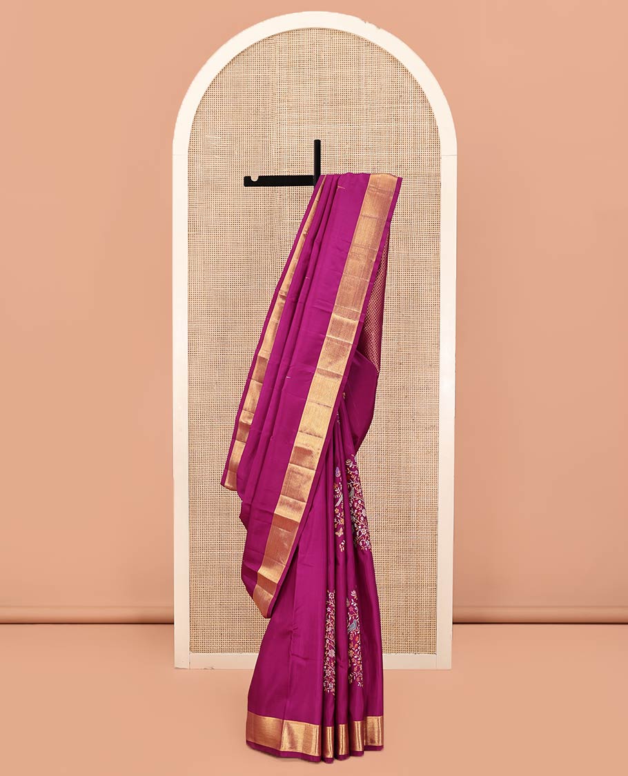 Rani Pink Kanchipuram Designer Silk Saree, Majestically Detailed with Meenakari Floral-Bird Theme Motifs All Over Its Body, Highlighted by a Zari Border of Then Kuli Kann Designs, Grandly Woven Jaal Pallu, and Paired with a Matching Blouse
