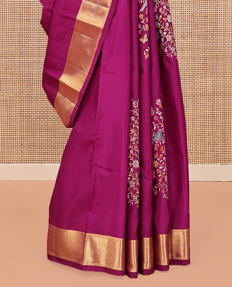 Rani Pink Kanchipuram Designer Silk Saree, Majestically Detailed with Meenakari Floral-Bird Theme Motifs All Over Its Body, Highlighted by a Zari Border of Then Kuli Kann Designs, Grandly Woven Jaal Pallu, and Paired with a Matching Blouse