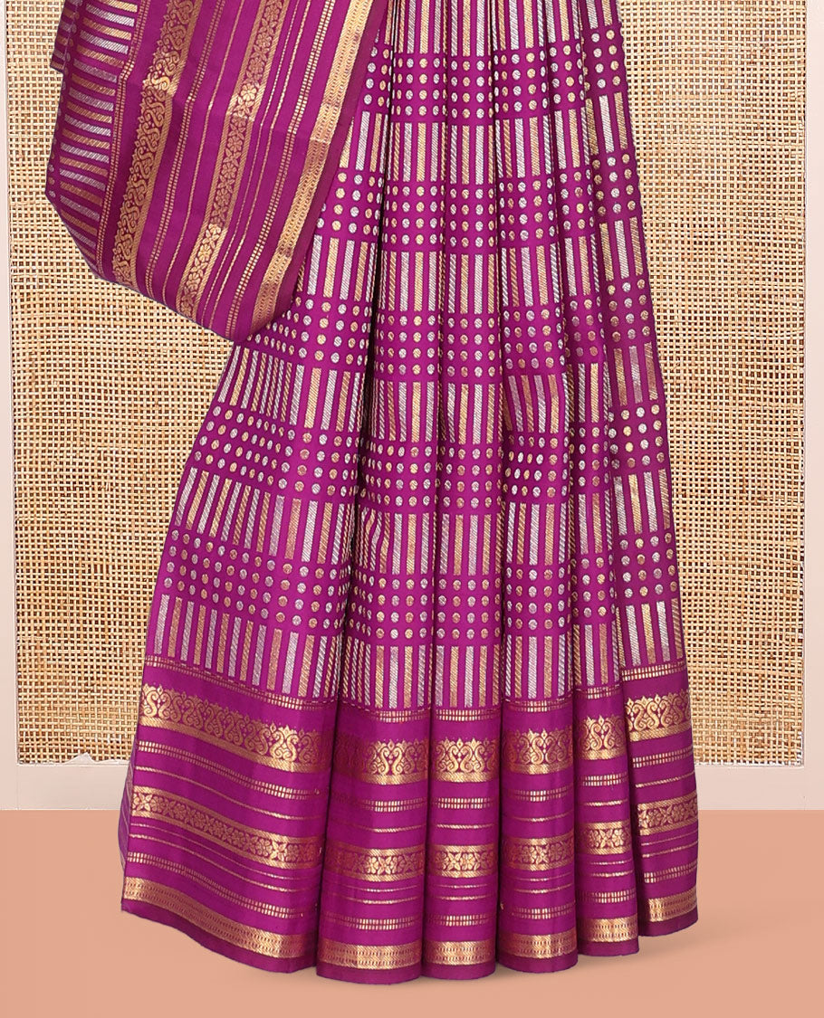 Purple Kanchipuram Designer Silk Saree, Steeped in Richness of Zari Buttas, Zari Border of Muthu, Banaras, and Cross Kamalam Design, Grand Pallu, and a Matching Blouse