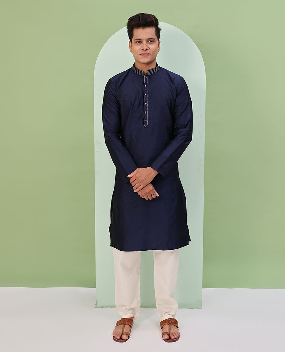 Navy blue embossed & neck work full-sleeved kurta