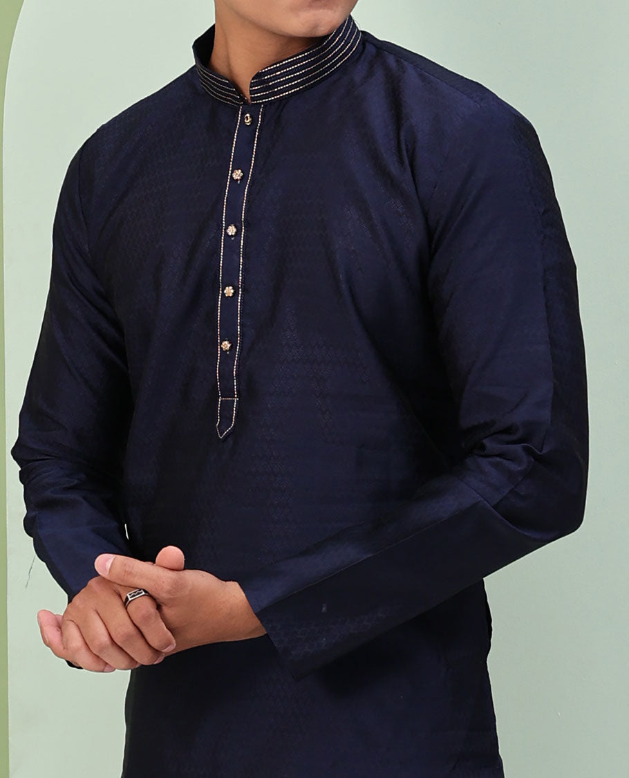 Navy blue embossed & neck work full-sleeved kurta