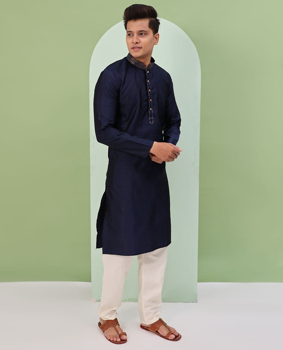 Navy blue embossed & neck work full-sleeved kurta