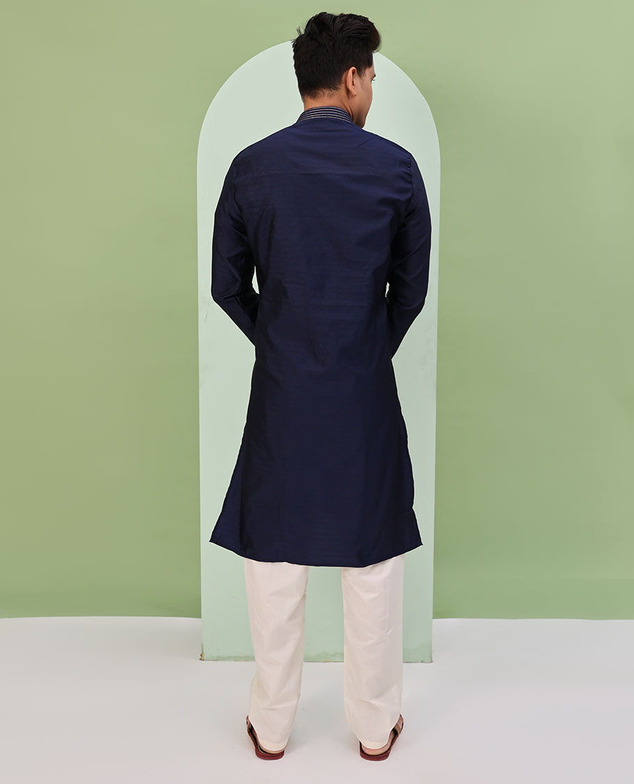Navy blue embossed & neck work full-sleeved kurta