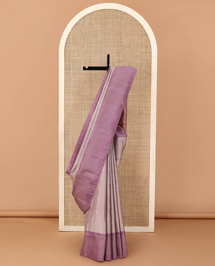 Grey buttas soft silk saree, contrast zari woven border, and pallu of intricate designs