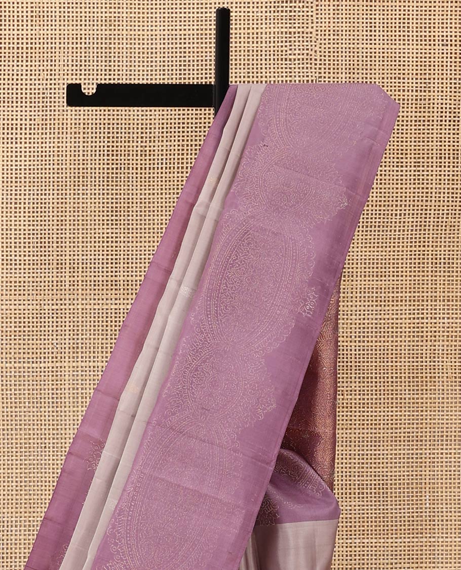Grey buttas soft silk saree, contrast zari woven border, and pallu of intricate designs