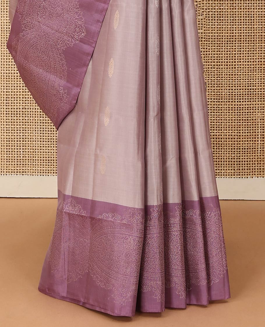 Grey buttas soft silk saree, contrast zari woven border, and pallu of intricate designs