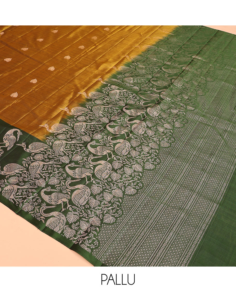 Green zari buttas soft silk saree, contrast floral and bird motifs border, and pallu of jaal, floral, and bird designs