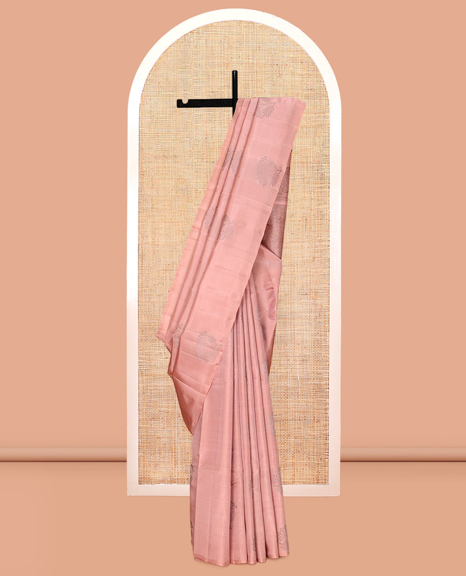 Borderless Zari Butta Peach Mayuri Lite Silk Mix Saree