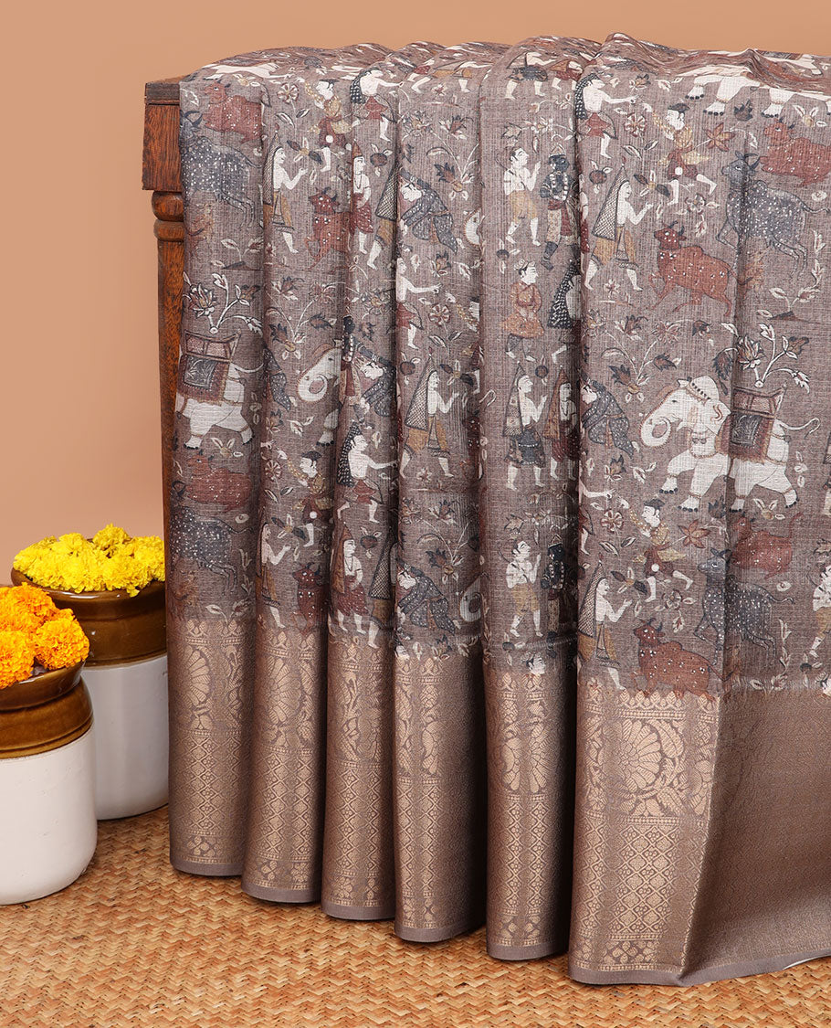 Beige heritage indian culture design kanchivaram kota checks saree with gold zari jacquard border & printed pallu along with running blouse