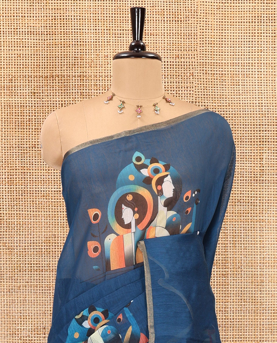 Borderless blue modern art style Radha Krishna motifs printed chanderi cotton saree, big Radha Krishna motifs printed pallu and a contrast printed blouse