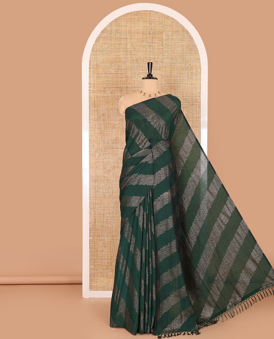 Borderless bottle green leheriya-striped foil-printed Vichitra silk saree with a self pallu and no blouse