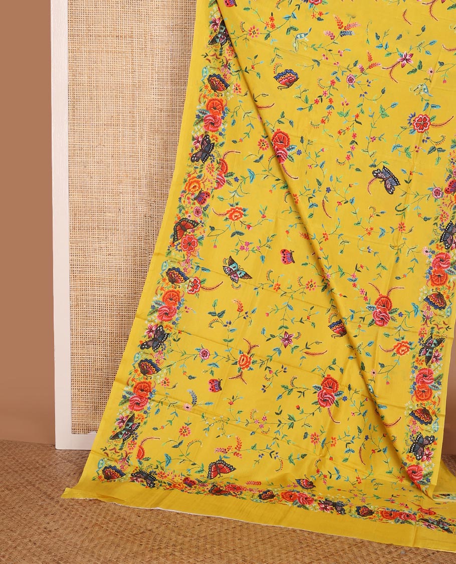 Yellow floral vine & butterflies printed silk saree, self-border & pallu features the same floral vine & butterflies print