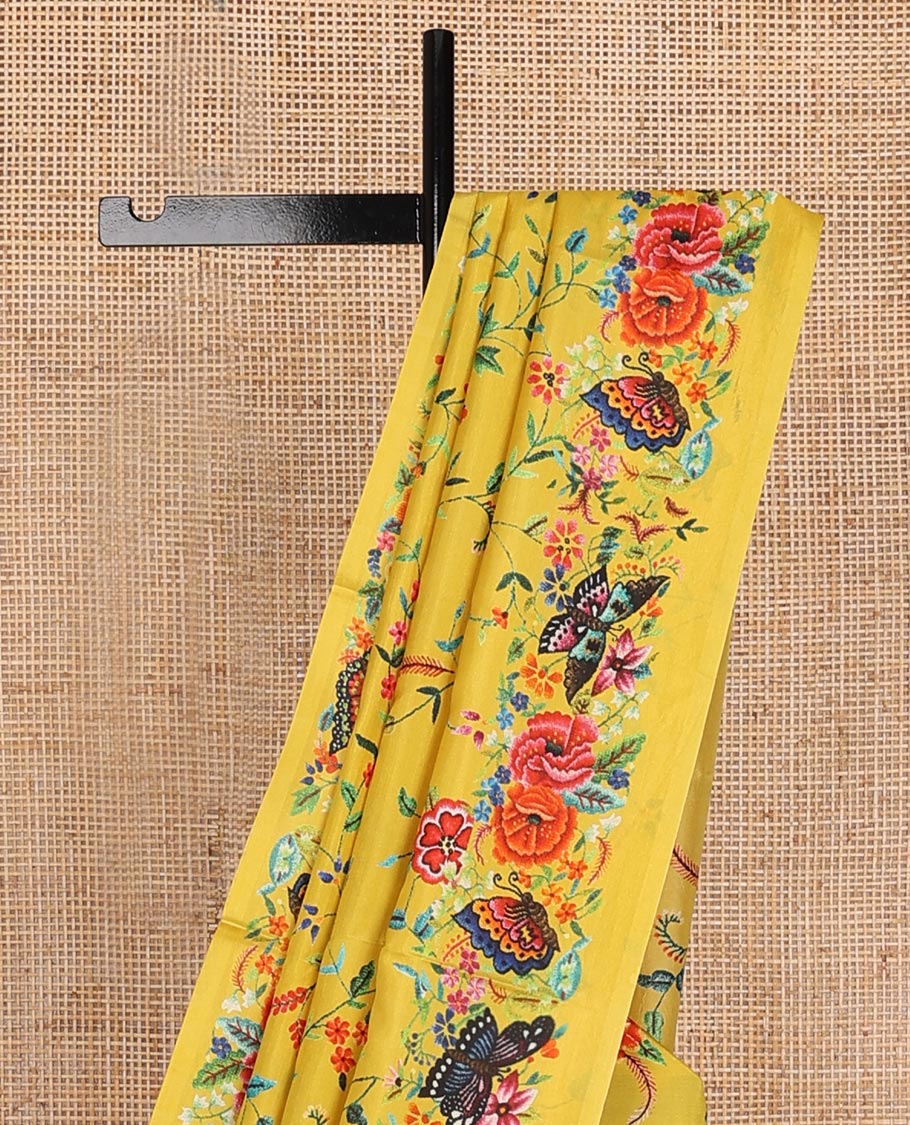 Yellow floral vine & butterflies printed silk saree, self-border & pallu features the same floral vine & butterflies print