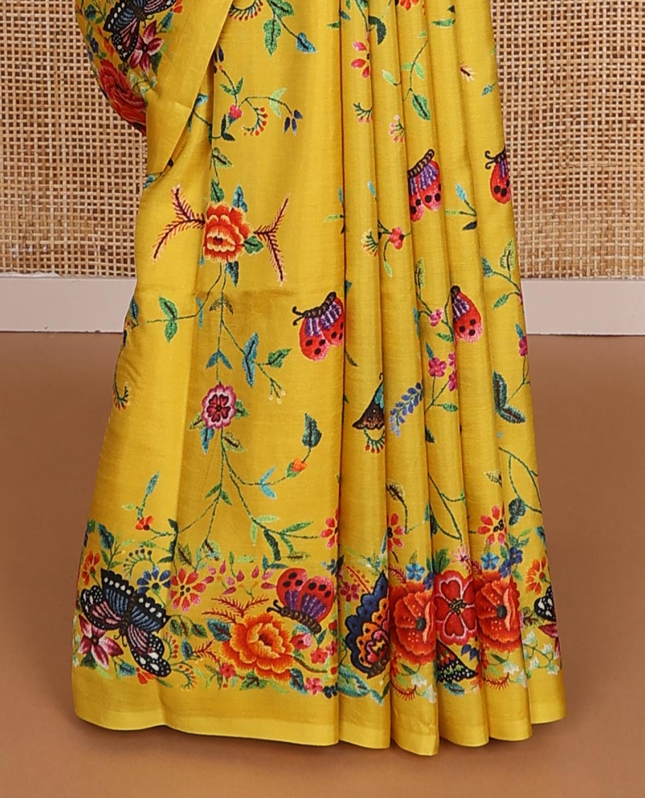 Yellow floral vine & butterflies printed silk saree, self-border & pallu features the same floral vine & butterflies print