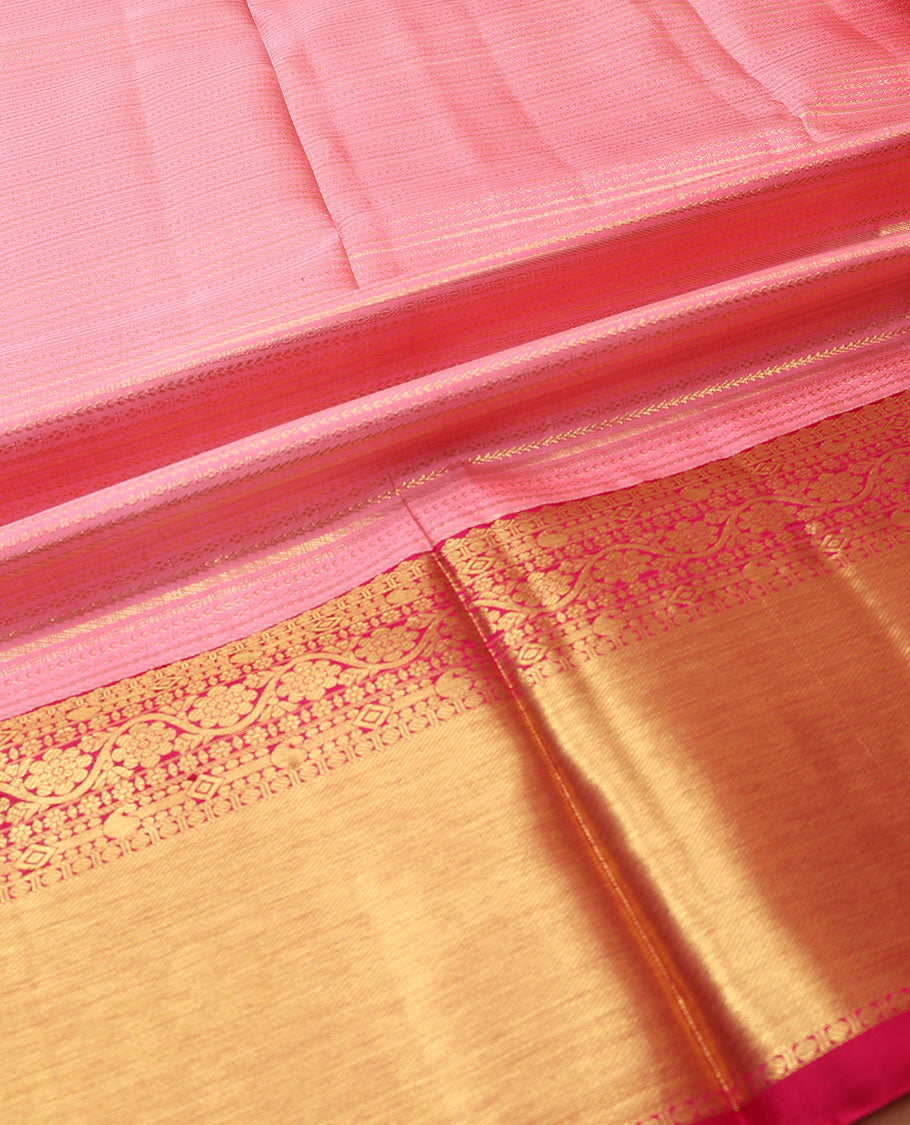 Pink zari design pure-silk half saree, contrast border & blouse of traditional zari designs & zari design dhavani