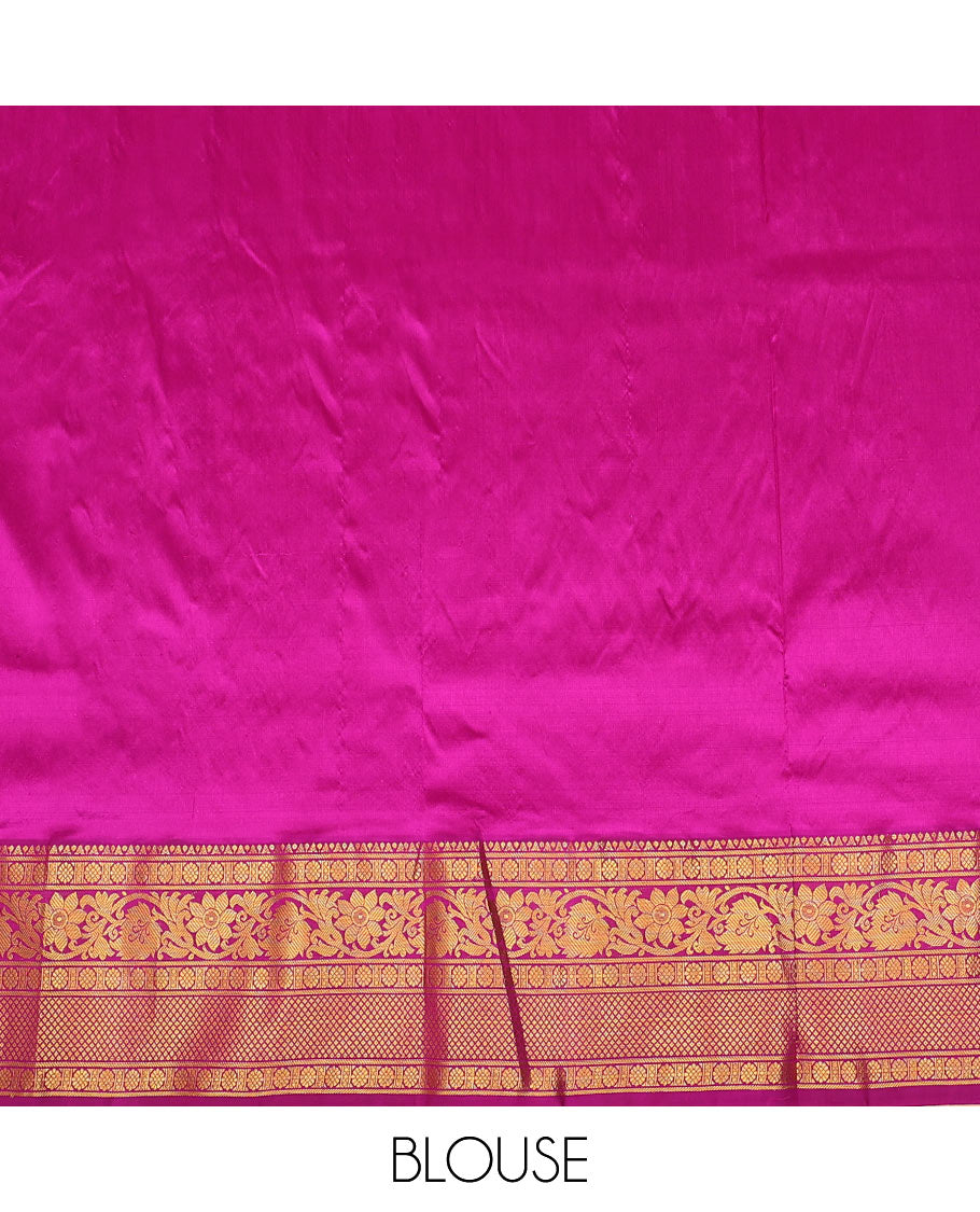 Blue zari buttas pure-silk half-saree with contrast border of laddu kamalam, kodi visiry, and mayil kann designs, contrast zari bordered blouse, and jaal design dhavani