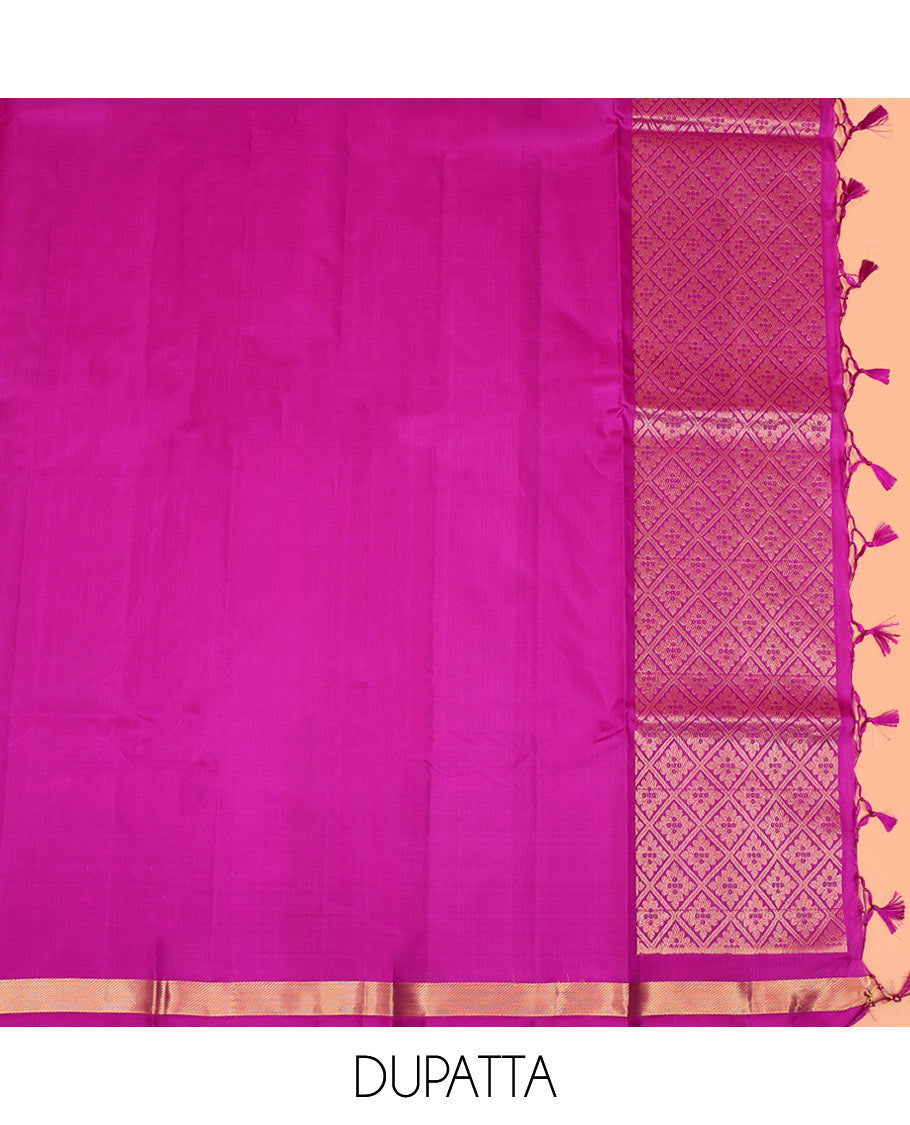 Blue zari buttas pure-silk half-saree with contrast border of laddu kamalam, kodi visiry, and mayil kann designs, contrast zari bordered blouse, and jaal design dhavani