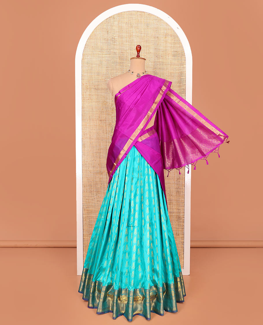 Blue zari buttas pure-silk half-saree with contrast border of laddu kamalam, kodi visiry, and mayil kann designs, contrast zari bordered blouse, and jaal design dhavani