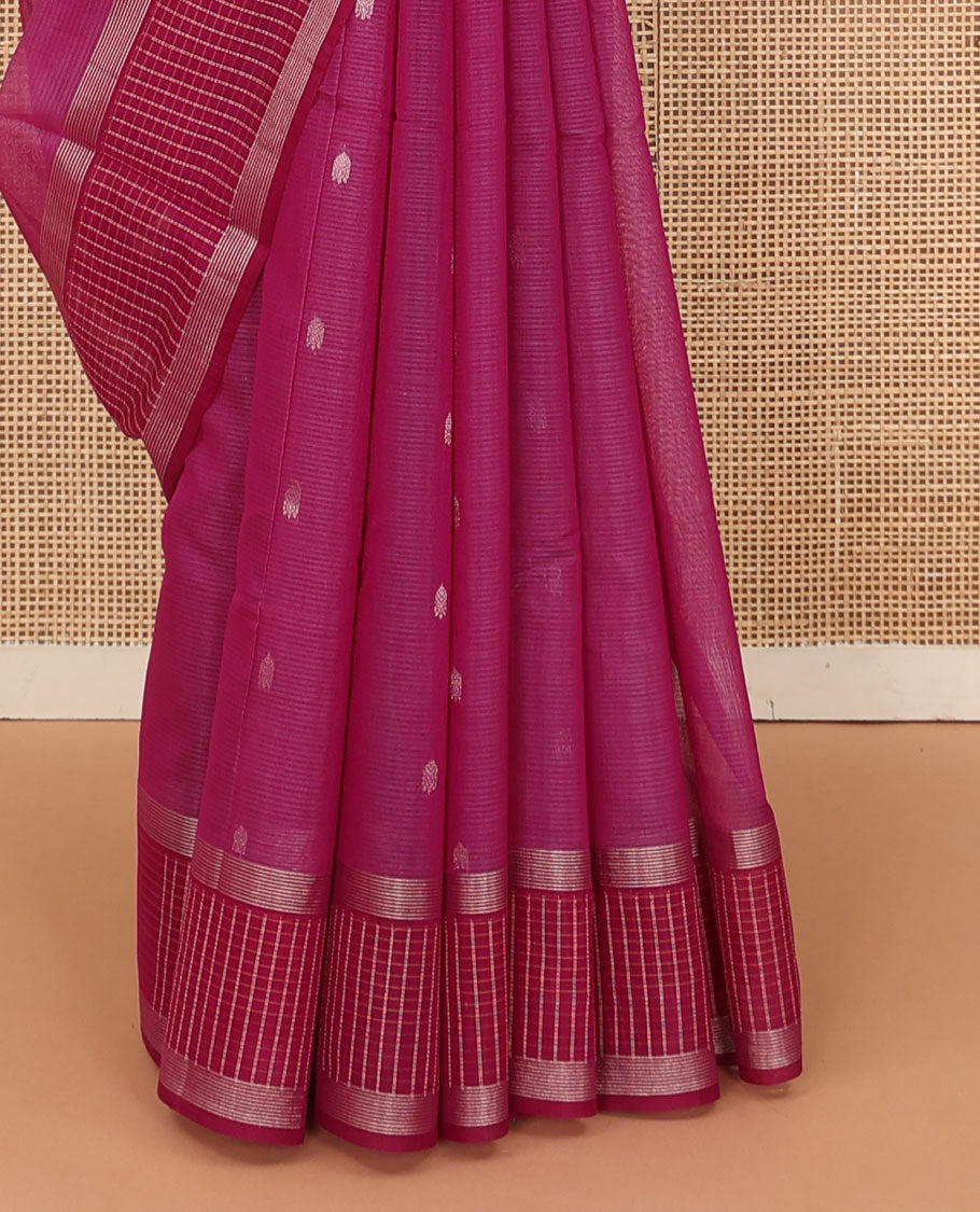 Maroon zari buttas silk cotton saree, contrast zari checked border, and floral zari design pallu