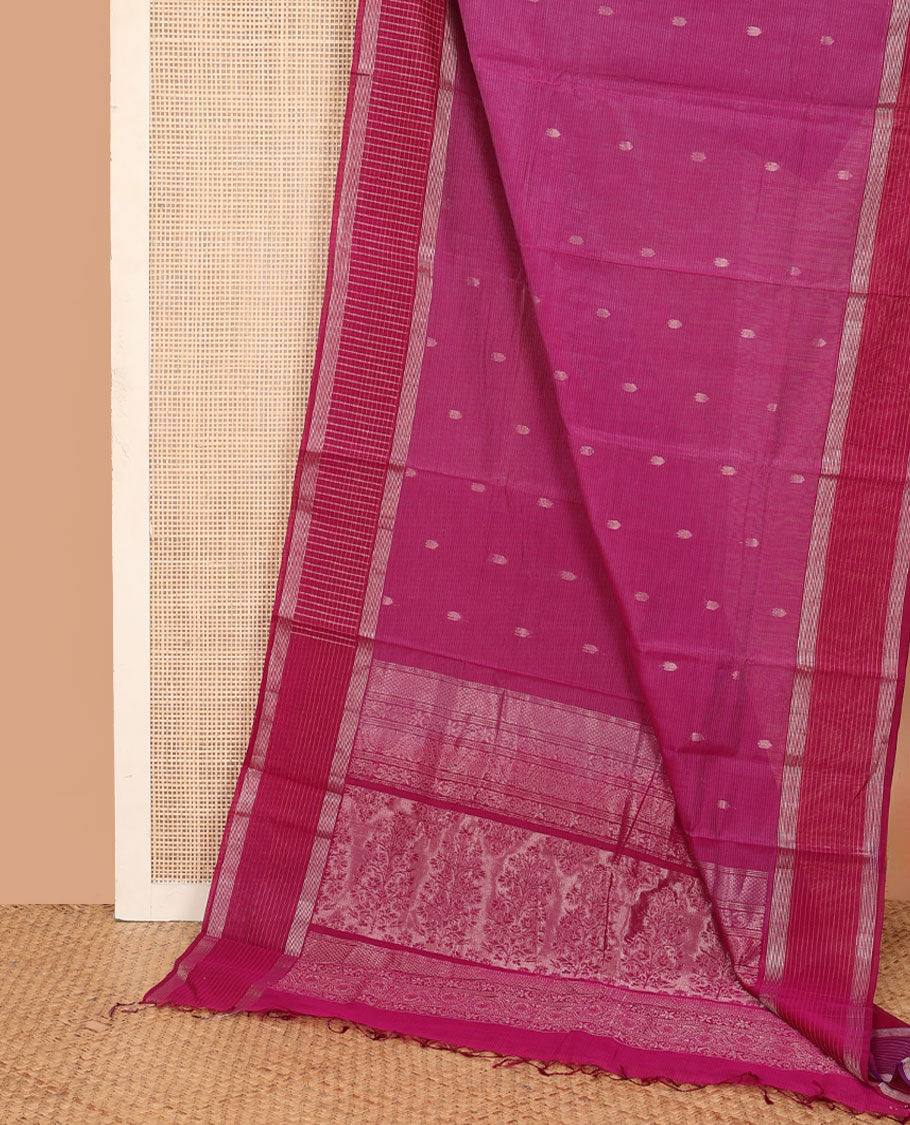 Maroon zari buttas silk cotton saree, contrast zari checked border, and floral zari design pallu