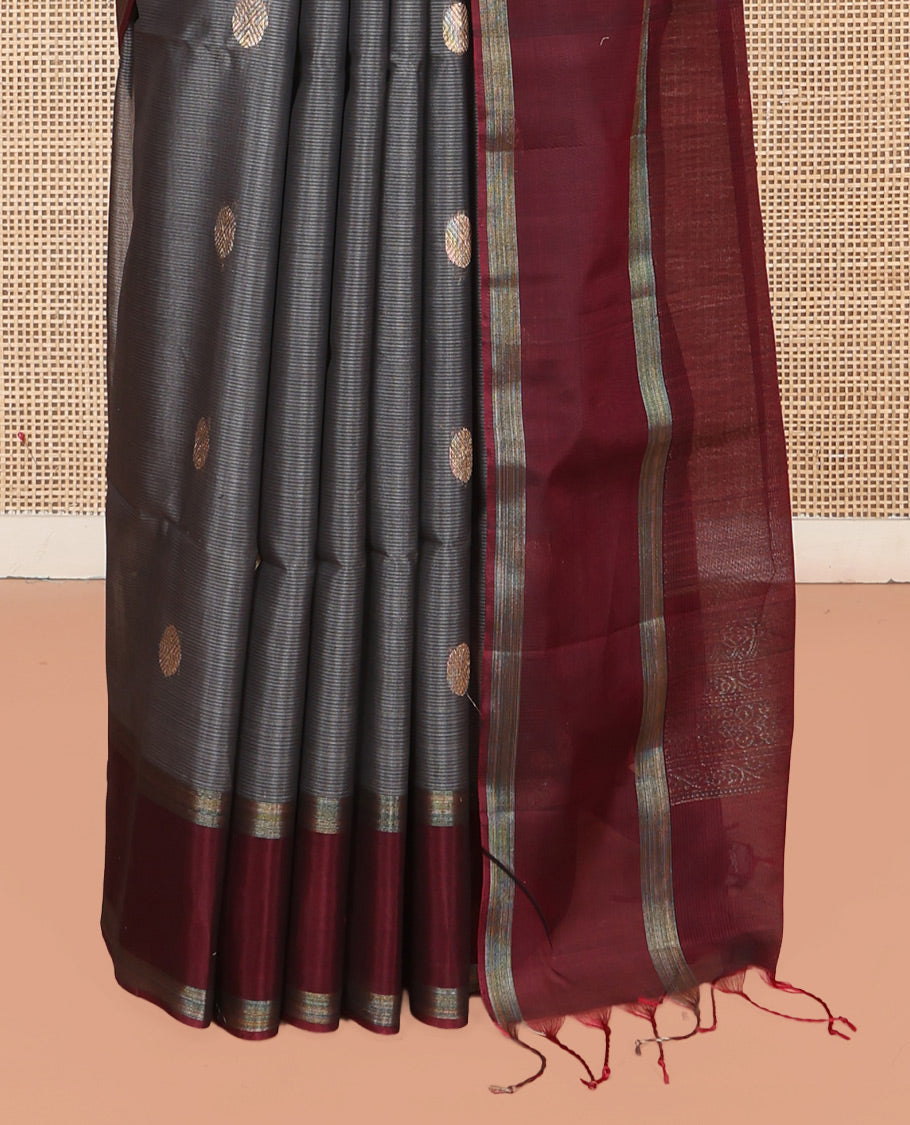 Grey Silk Cotton Saree, Artfully Woven with Peacock and Rudraksham Motifs On Its Body, Complemented by Contrast Zari Motifs Woven Border, Geometric Zari Patterned Pallu and Paired with a Contrast Blouse