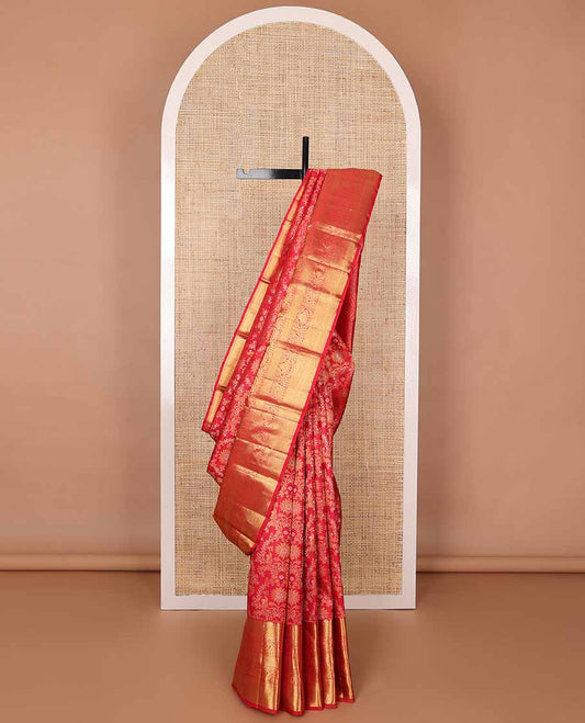 Red floral jacquard silk saree with self border of rekku, banaras, mayil kann, kathir design & zari design pallu