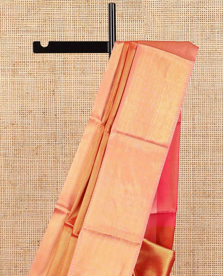 Red chevron design semi tissue saree with contrast zari design border & striped pallu