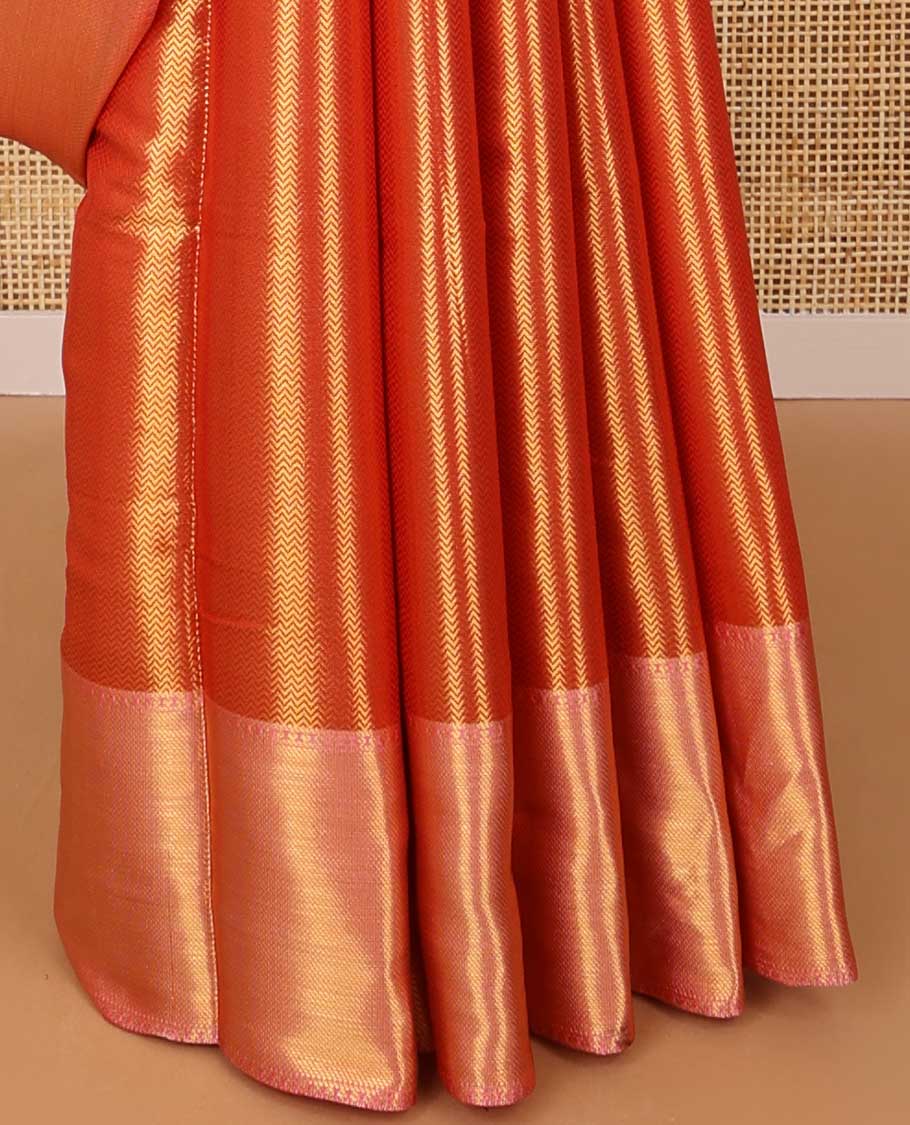 Red chevron design semi tissue saree with contrast zari design border & striped pallu