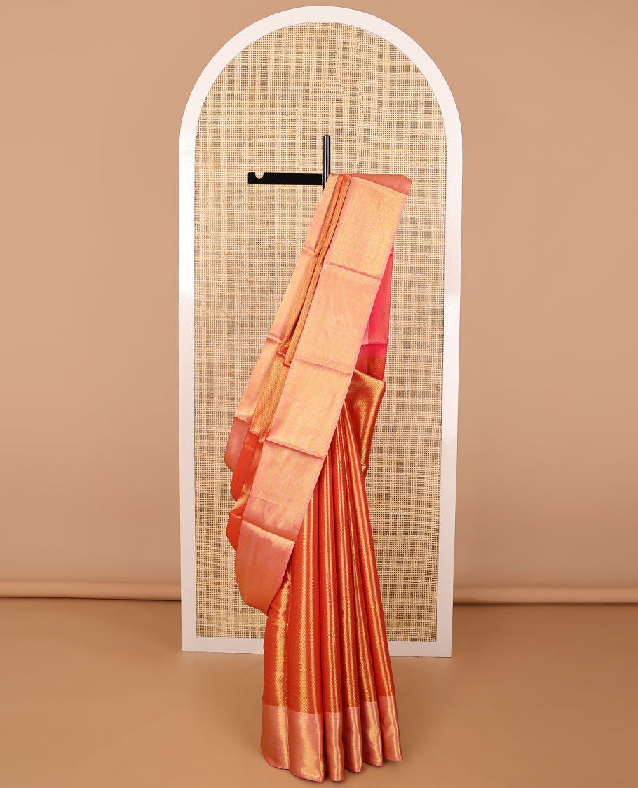 Red chevron design semi tissue saree with contrast zari design border & striped pallu