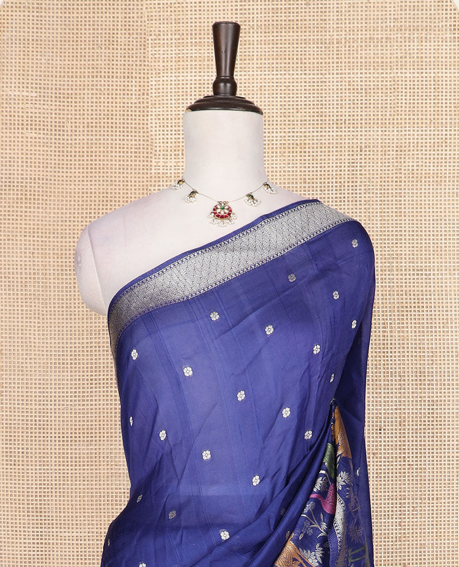 Royal blue floral, and swan meenakari design Matka silk saree, traditional border, and pallu of swan, and floral designs