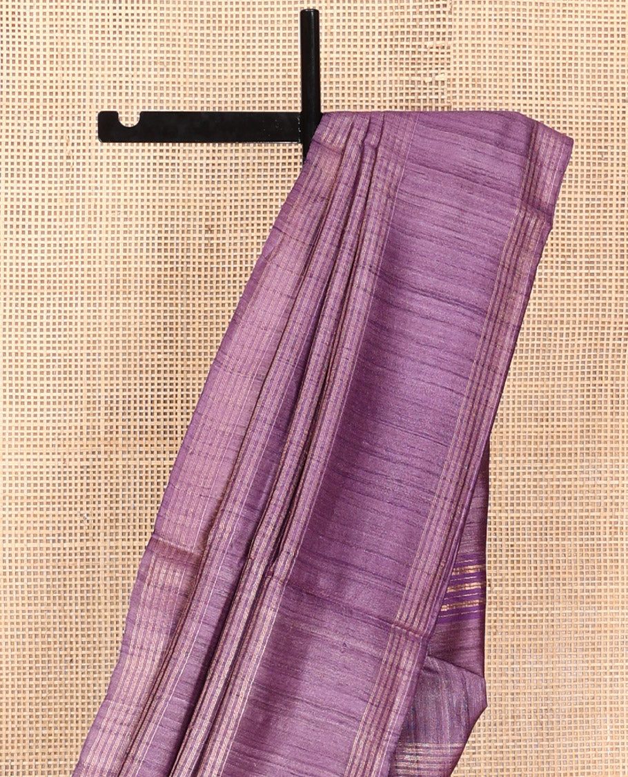 Borderless Purple Tussar Silk Saree, Delicately Woven with Zari Checked Design on Its Body, a Self-Pallu, and Paired with a Matching Blouse