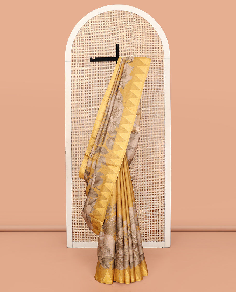 Yellow Tussar Silk Saree, Prettified with Tropical Floral Print, Temple Border, Striped Pallu, and a Matching Blouse