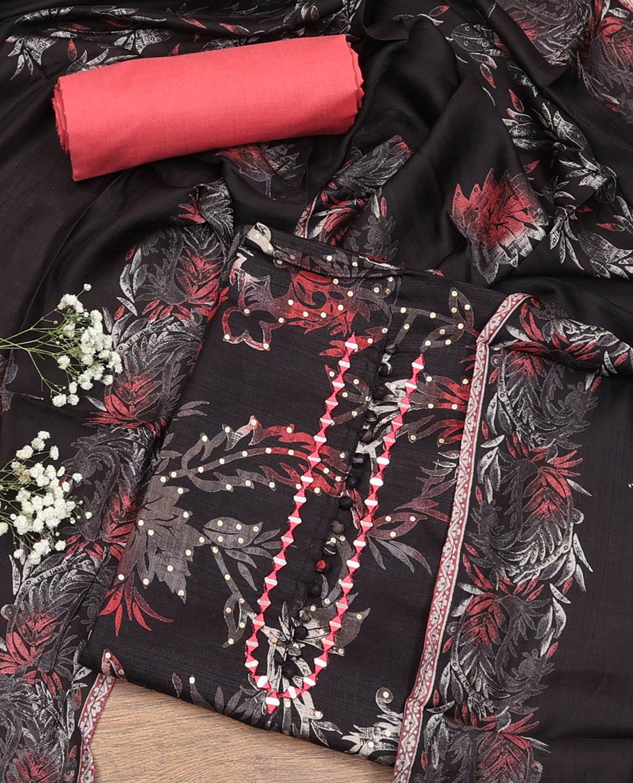Black Material Chudidar Set, Beautified with Leaf-Floral Printed Rayon Top, Captivating Contrast Plain Rayon Bottom, and Paired with Leaf-Floral Printed Chanderi Silk Dupatta