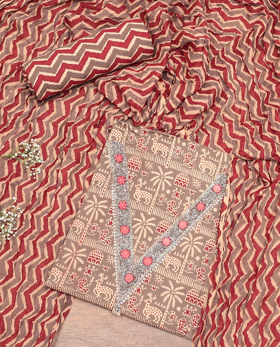 Fawn Cotton Material Churidar Set, Detailed with Warli Motif Top, a Contrast Chevron Printed Bottom, and Chevron Printed Dupatta