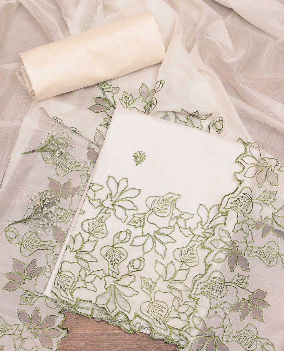 Cream-Green Chanderi Material Chudidar Set