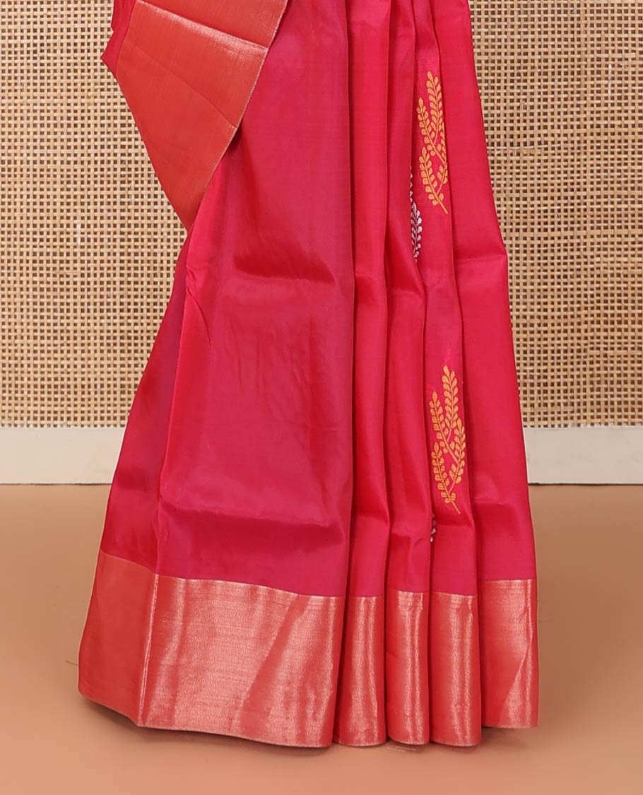 Pink floral zari buttas Uppada saree, bavanji border, and contrast jaal patterned pallu