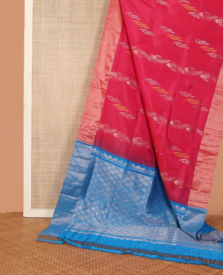 Pink floral zari buttas Uppada saree, bavanji border, and contrast jaal patterned pallu