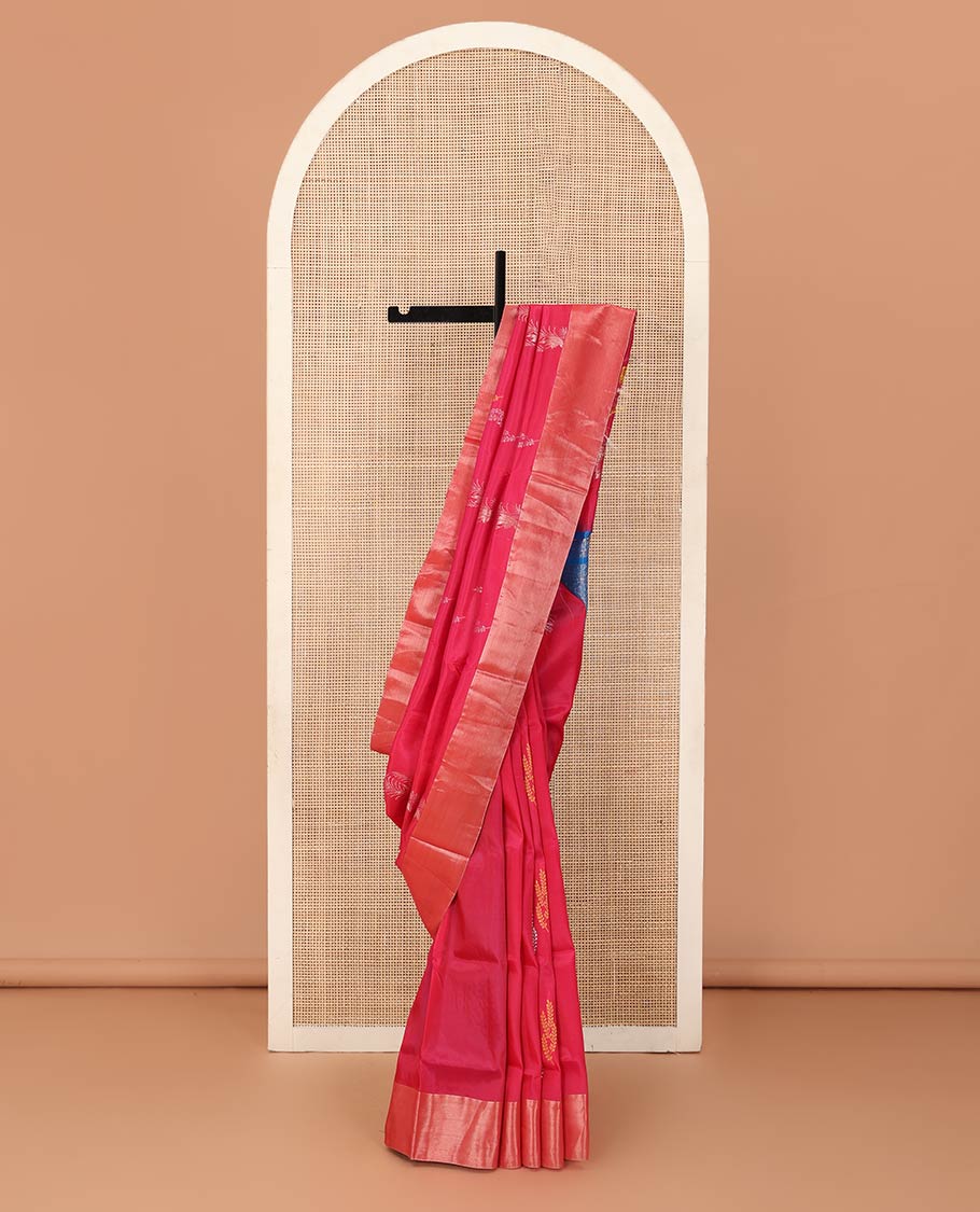 Pink floral zari buttas Uppada saree, bavanji border, and contrast jaal patterned pallu