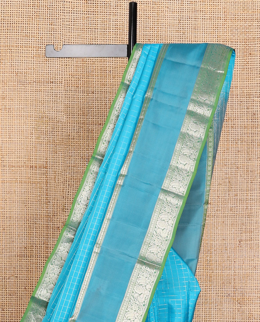 Blue zari checked Vasundhara elite silk saree, contrast jaal pallu & rettai pettu border of poun,muthu & mayil