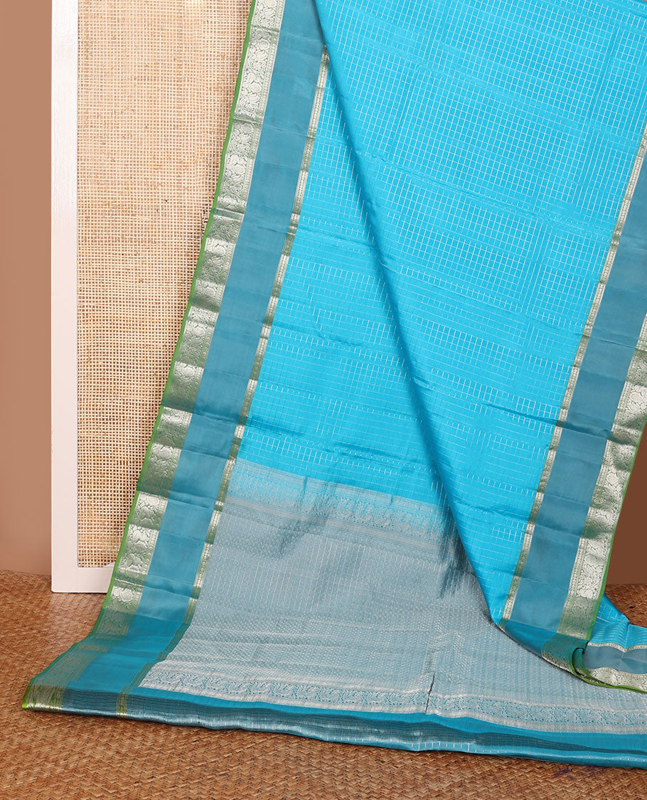 Blue zari checked Vasundhara elite silk saree, contrast jaal pallu & rettai pettu border of poun,muthu & mayil