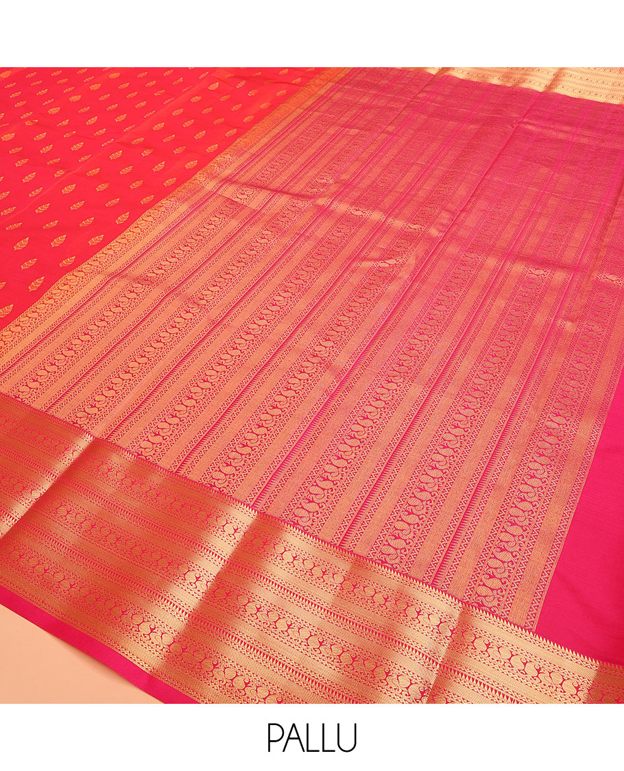 Red Vasundhara Lite Silk Mix Saree Embellished with Zari Buttas, Featuring a Contrast Border with Rekku, Neli, Manga, and Mayil Designs, with the Pallu Mirroring the Same Border Motifs, Paired with a Contrast Blouse