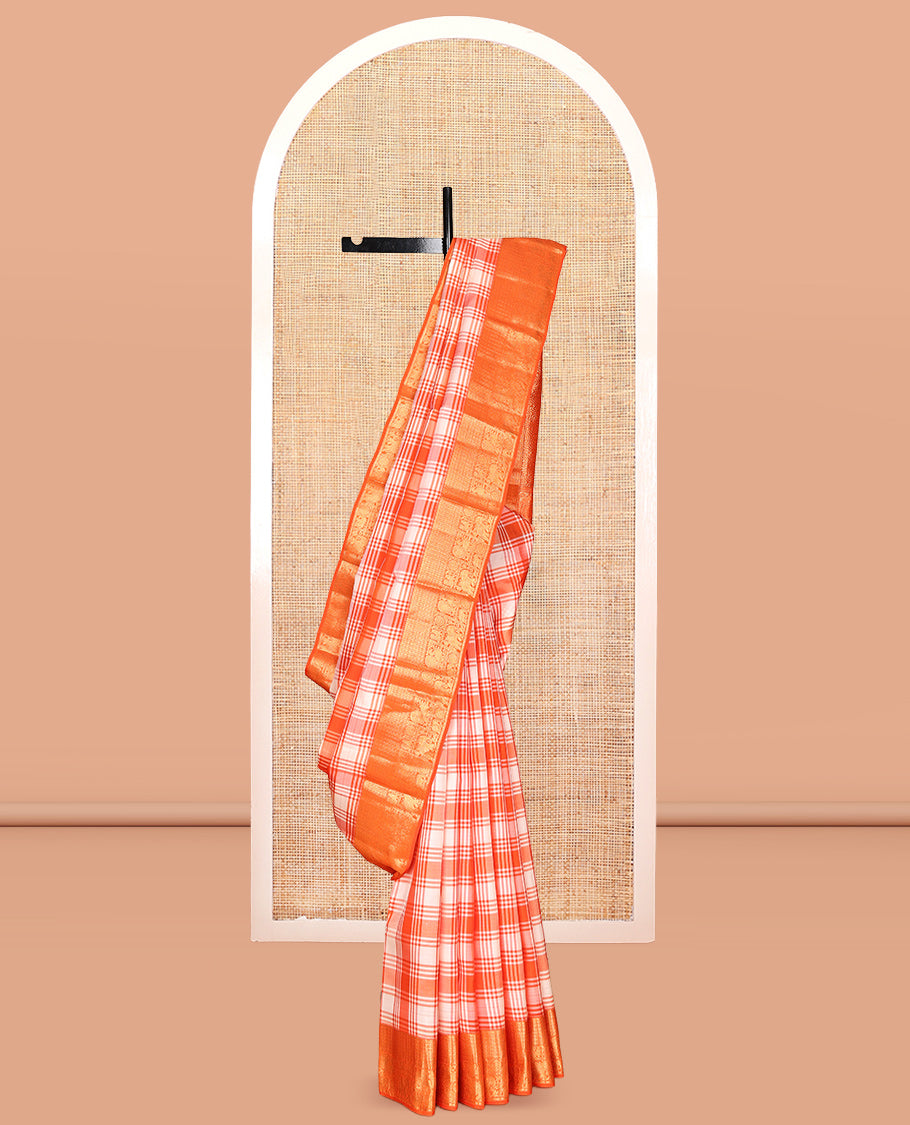 Orange-White Checked Vasundhara Lite Silk Mix Saree, a Zari Border of Mayil, Chakram, and Yaanai Designs, Grand Pallu, and a Matching Blouse