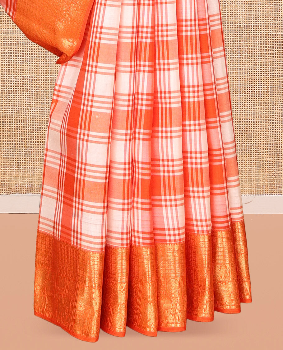 Orange-White Checked Vasundhara Lite Silk Mix Saree, a Zari Border of Mayil, Chakram, and Yaanai Designs, Grand Pallu, and a Matching Blouse