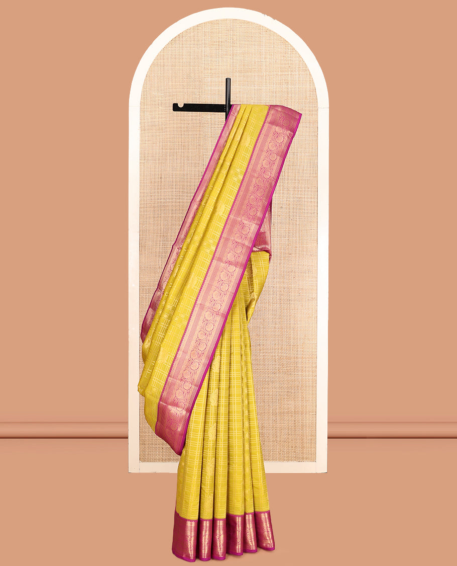 Yellow Vasundhara Lite Silk Mix Saree, Subtly Sparkled with Butta Enclosed Checks, a Contrast Border of Rekku and Kodi Visiry Designs, Jaal Pallu, and a Contrast Blouse