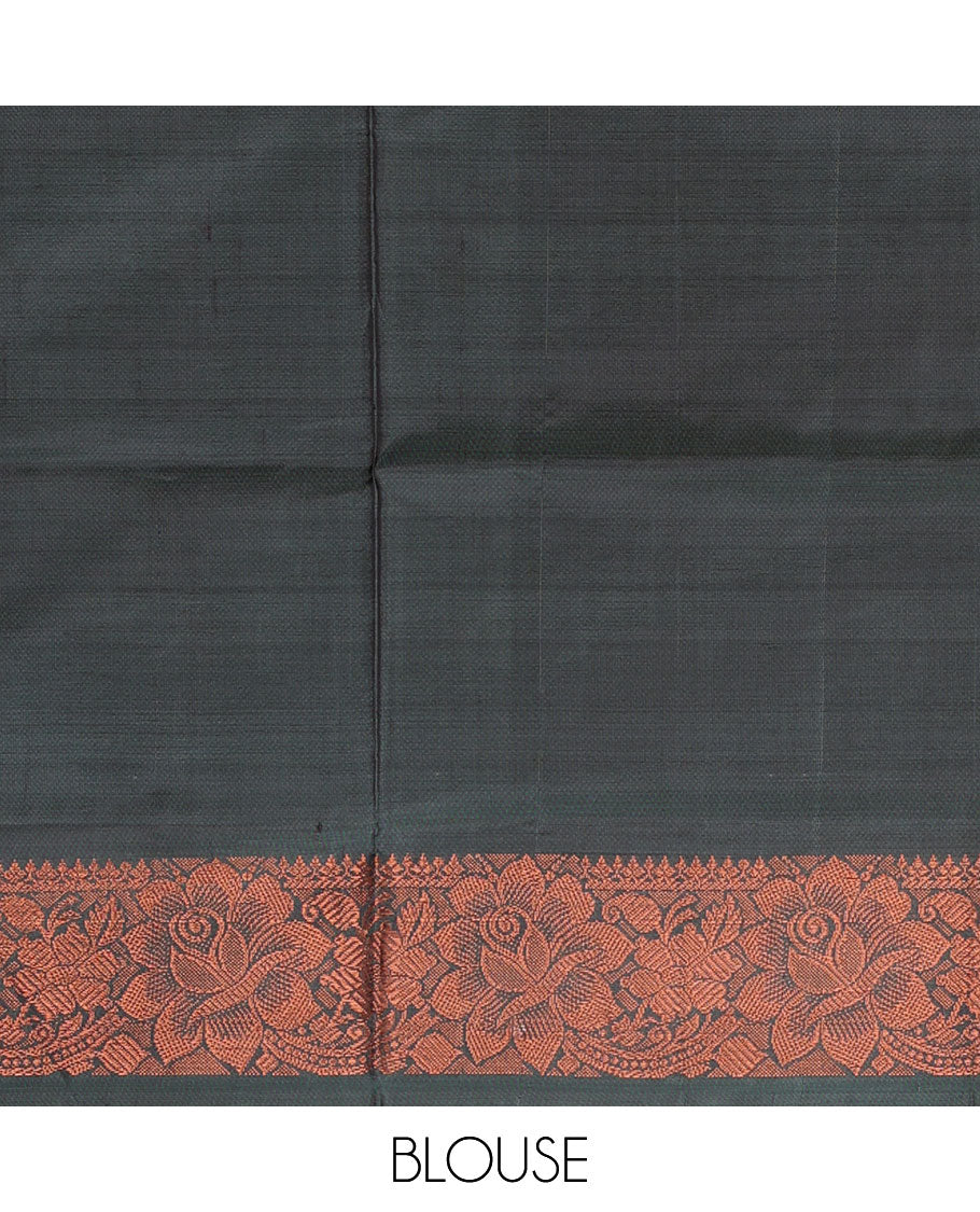 Yellow banana pith saree with thread woven buttas, contrast floral design zari border, and pallu of stripes, and buttas