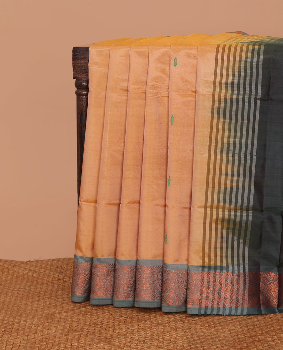 Yellow banana pith saree with thread woven buttas, contrast floral design zari border, and pallu of stripes, and buttas